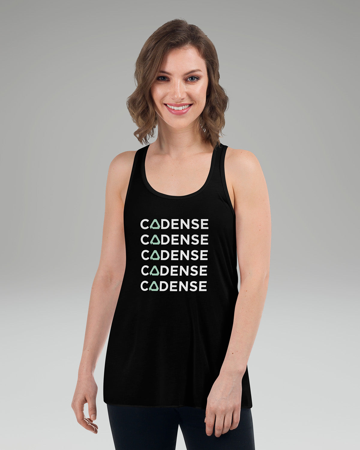 [color: midnight black] Model wearing Cadense Breeze Repeat Tank Top