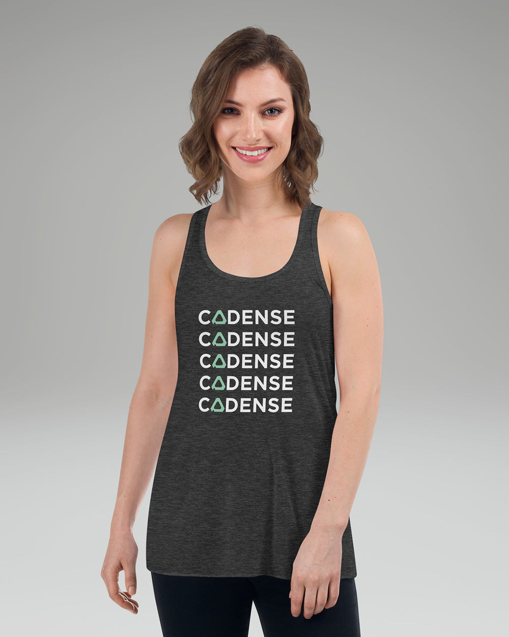 [color: dark grey heather] Model wearing Cadense Breeze Repeat Tank Top