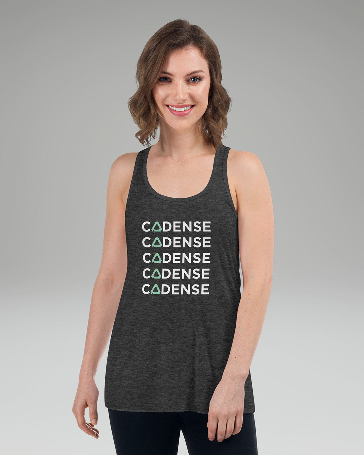 [color: dark grey heather] Model wearing Cadense Breeze Repeat Tank Top