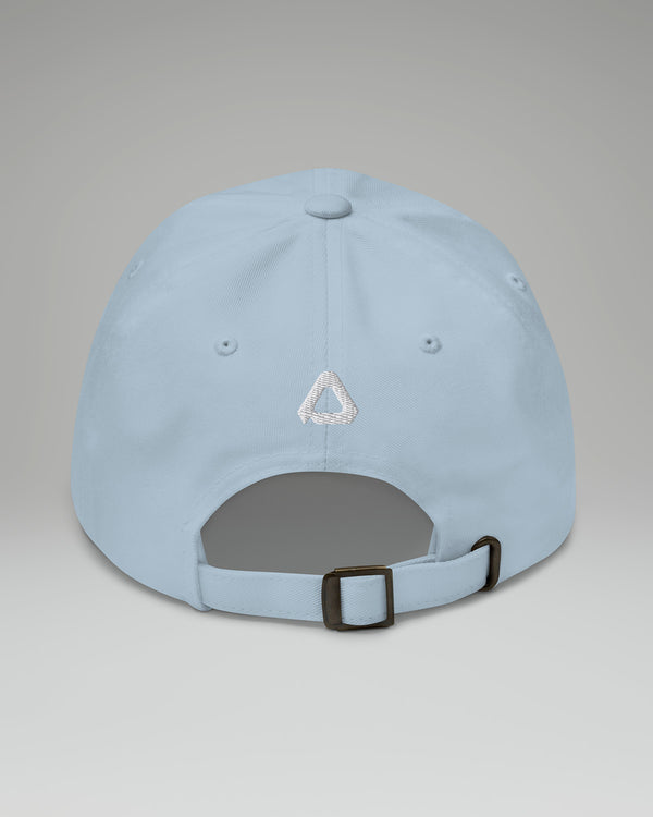 Back of light blue baseball hat
