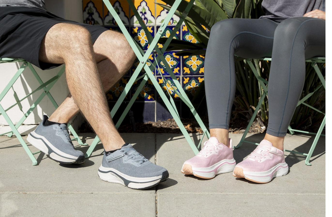 Two people wearing Cadense adaptive shoes outdoors